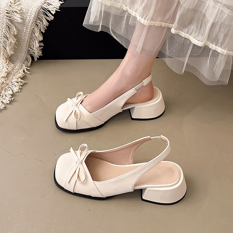 French Bow Toe Women's 2025 Summer New Arrival Skirt Elegant Mid-heel Single-layer Shoes Thick Heel High-heeled Shoes
