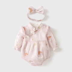 嬰兒衣服春秋裝中國風蝴蝶刺繡連體哈衣女寶寶長袖包屁爬服送髮帶