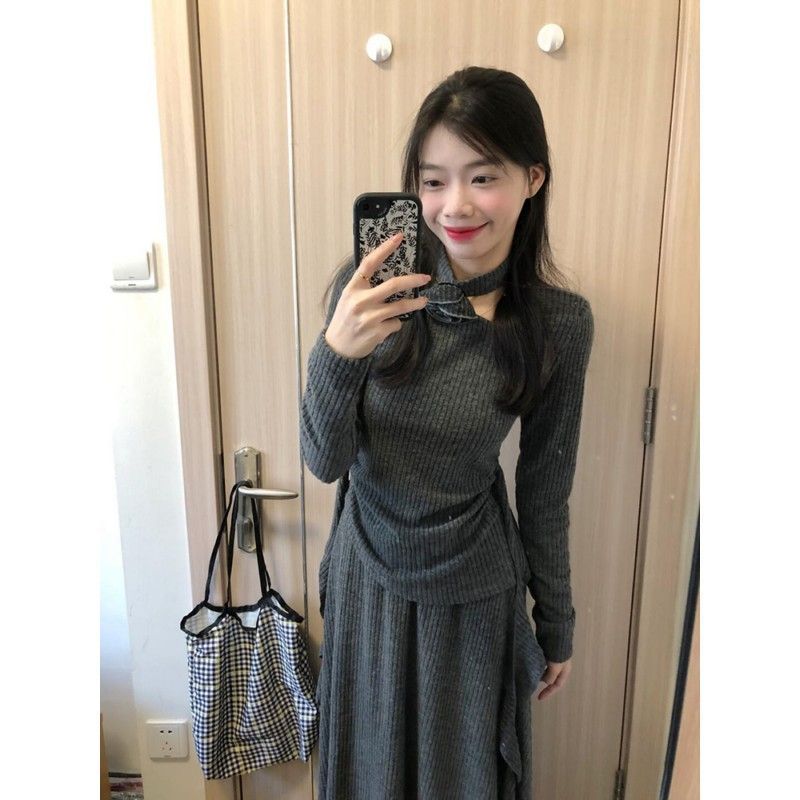 小香法式风连衣裙子女秋冬2025新款气质灰色内搭针织长裙一套早春|undefined