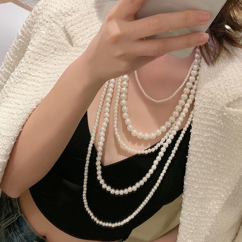 European and American light luxury fashion multi-layer pearl necklace for women, Korean version simple long-style versatile decorative sweater chain accessory