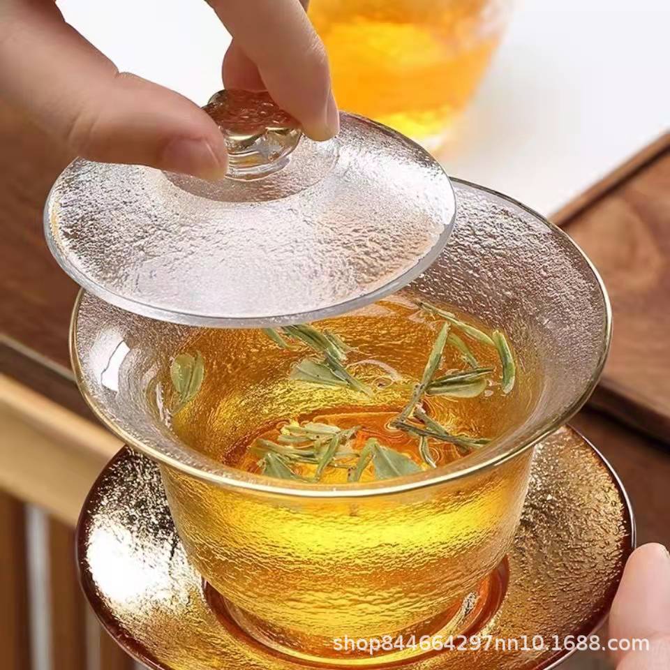Tazón para té de vidrio de gran capacidad Sancai, borde dorado hecho a mano, resistente al calor, no quema las manos, producto de alta gama