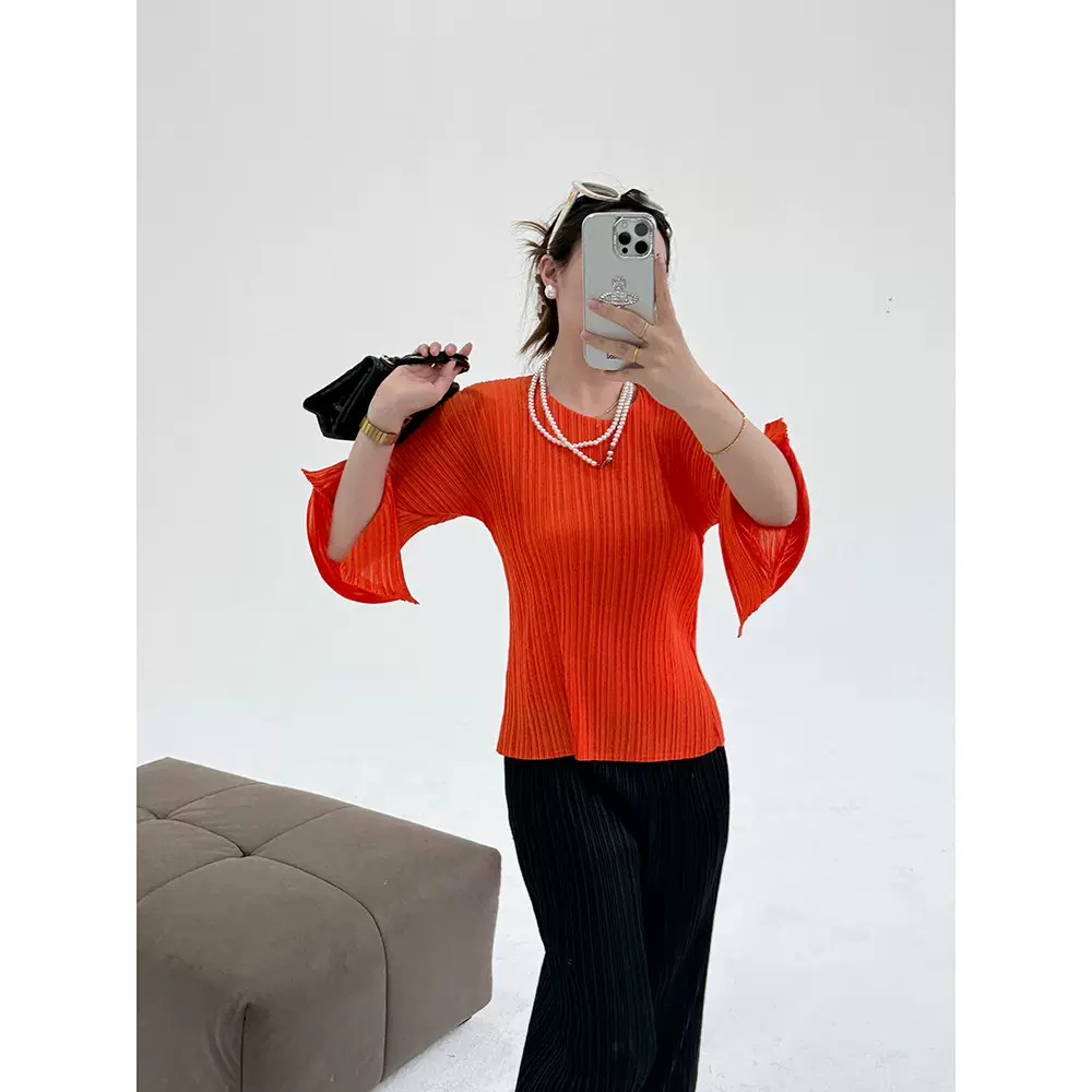 褶皱喇叭袖花苞上衣女高级感洋气T恤衫显瘦百搭圆领休闲打底衫女