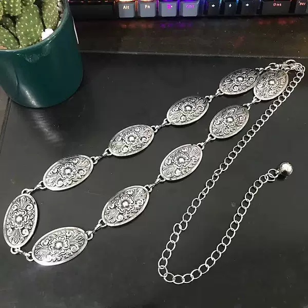 New Cross-Border Women's Belt, Fashionable and Versatile, Retro-Style Patterned Metal Chain Waist Chain to Match Coats, Wholesale in Stock
