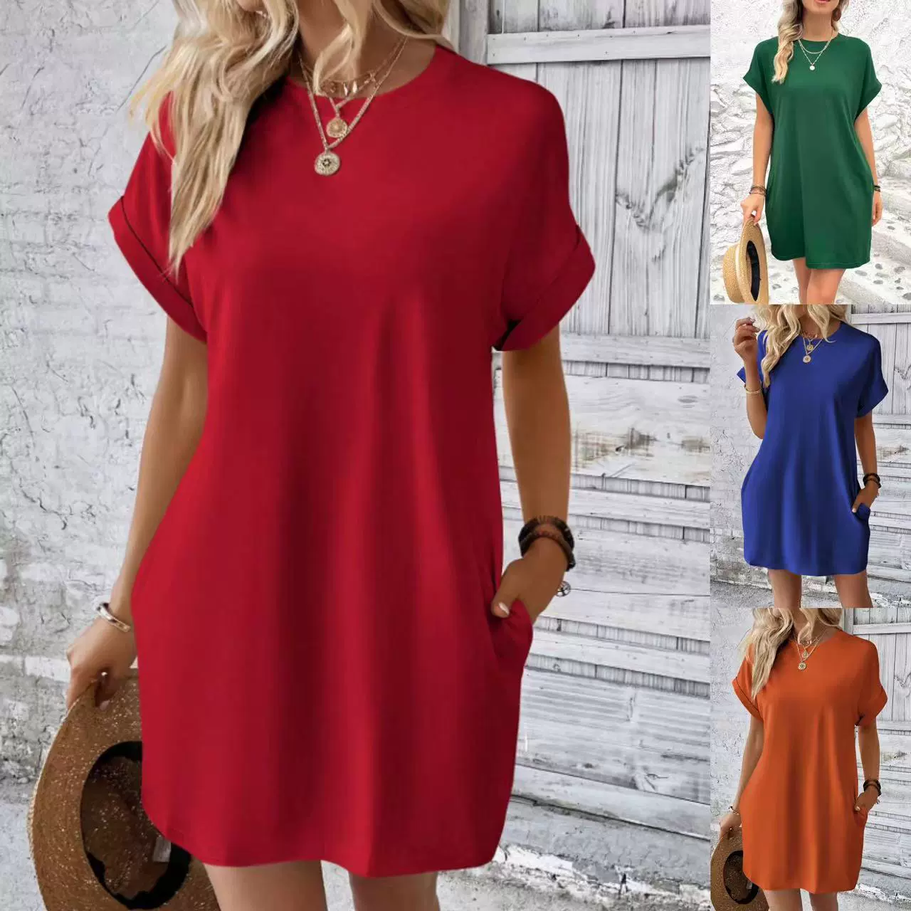 亚马逊2024新款全身裙欧美跨境女装外穿圆领口袋短袖连衣裙