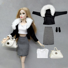 白毛领长袖黑外套双层里布身高29厘米洋娃娃玩具配件时尚休闲时装