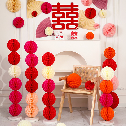 Men and women wedding honeycomb ball column floor floating decoration room bedroom lantern pull flower wedding room decoration set