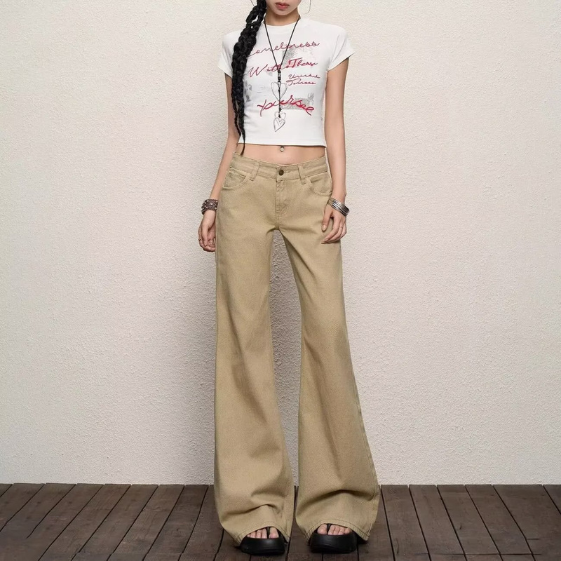 Khaki Flared Jeans for Women, New Summer Style, Loose Fit, Slimming, Petite, American Style, Low-Rise, Not Tight on the Legs, Flared Pants