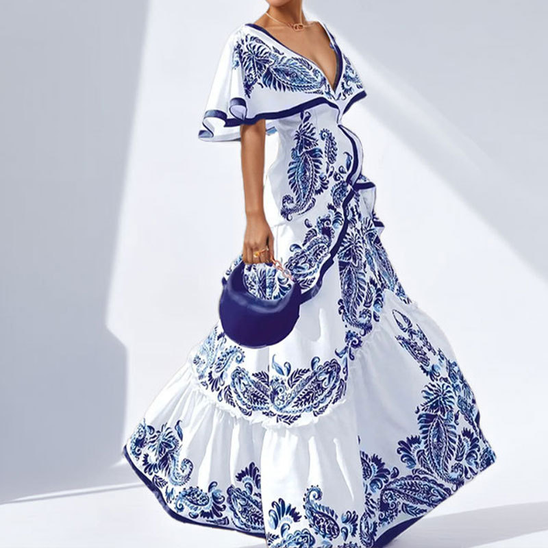 Pre-Sale Spring Fashion Idyllic V-Neck Waist Swing Printed Dress_ecoleips.com