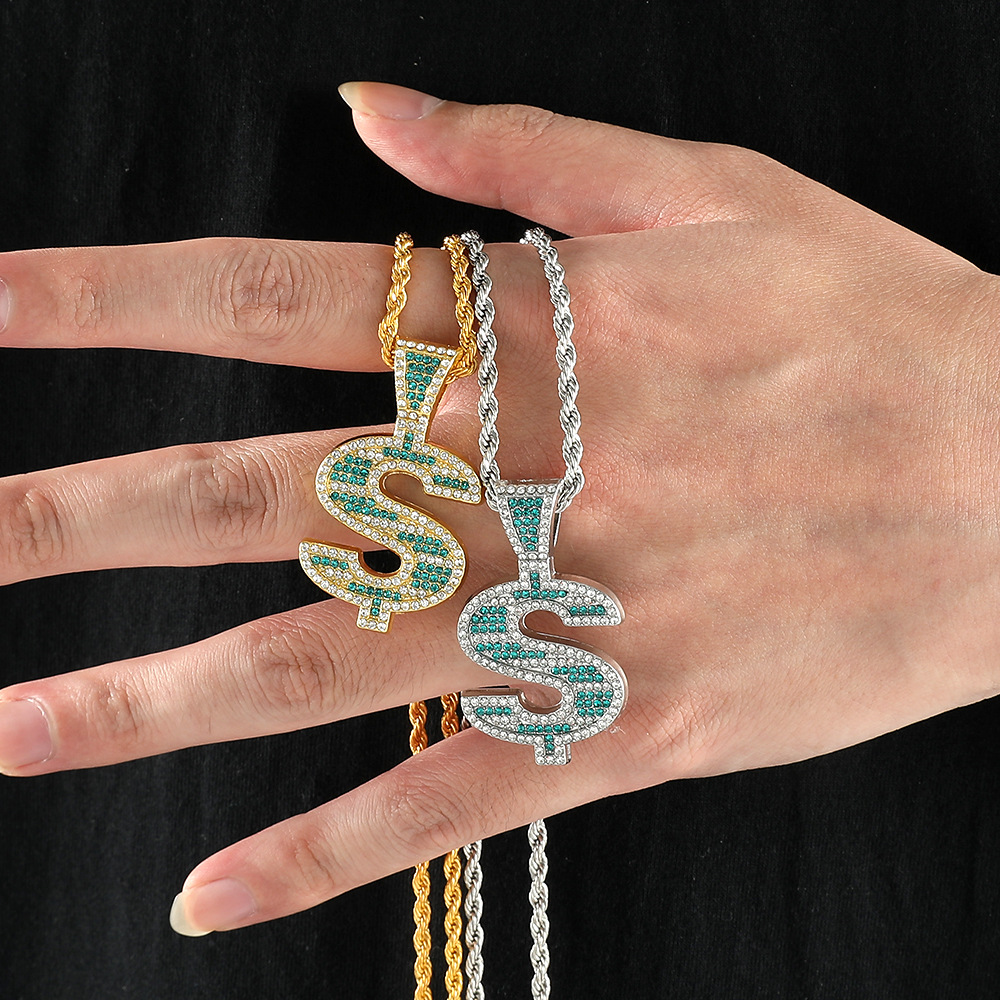 Hot selling US dollar necklace hip hop personality trend necklace, diamond studded US dollar rotating pendant necklace_voghion.com