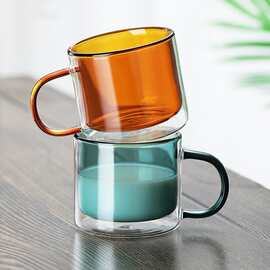 高硼硅彩色玻璃双层杯 带把咖啡杯家用茶杯 个性马克杯玻璃小茶杯
