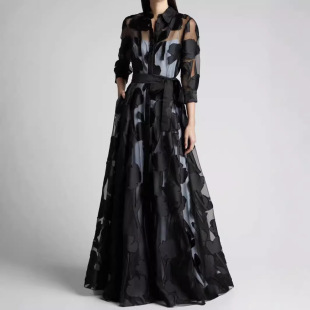 Independent Station 2024 European and American Foreign Trade Cross-border Elegant Seven-point Sleeve Semi-transparent Long dress
