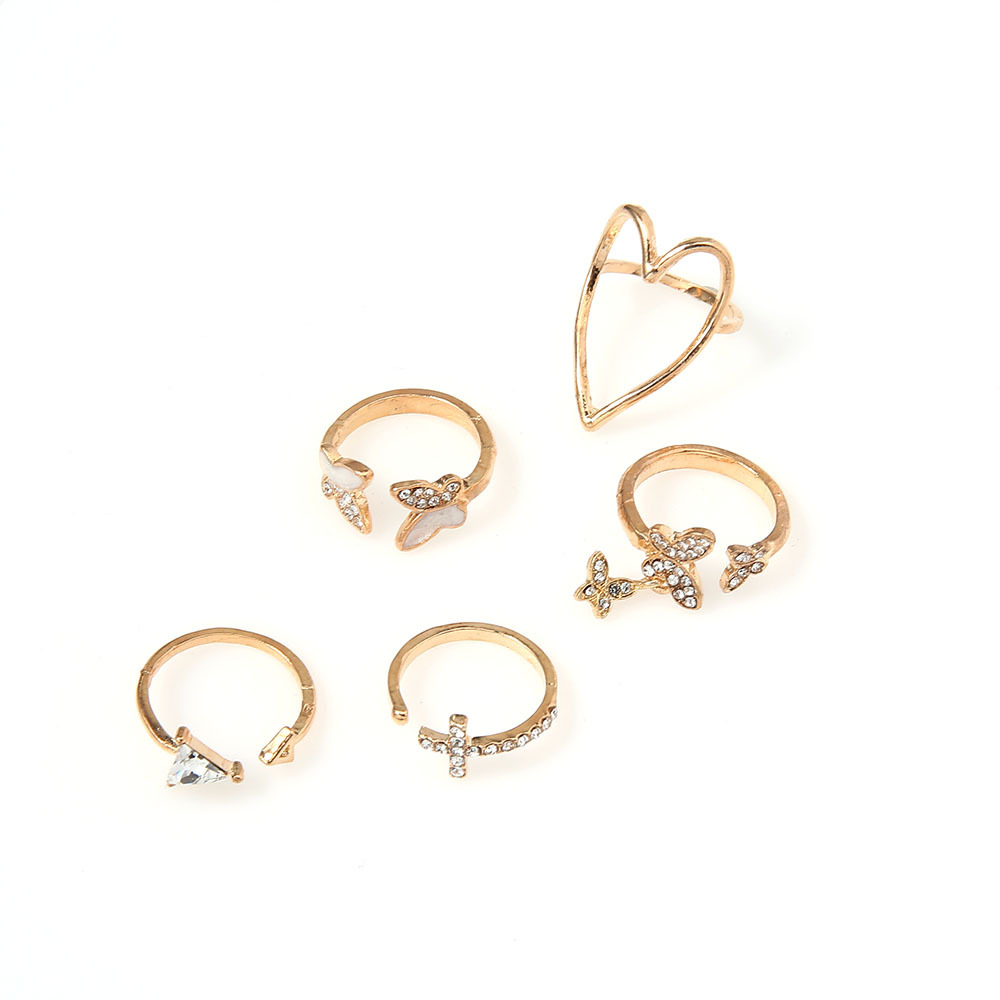 Simple Cross Heart Hollow Diamond Butterfly 5-piece Ring Set display picture 8