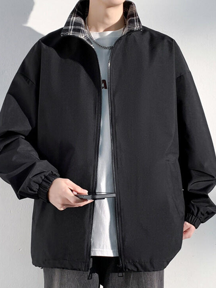 Men's Plaid Patchwork Denim Jacket With Stand Collar Windproof_voghion.com