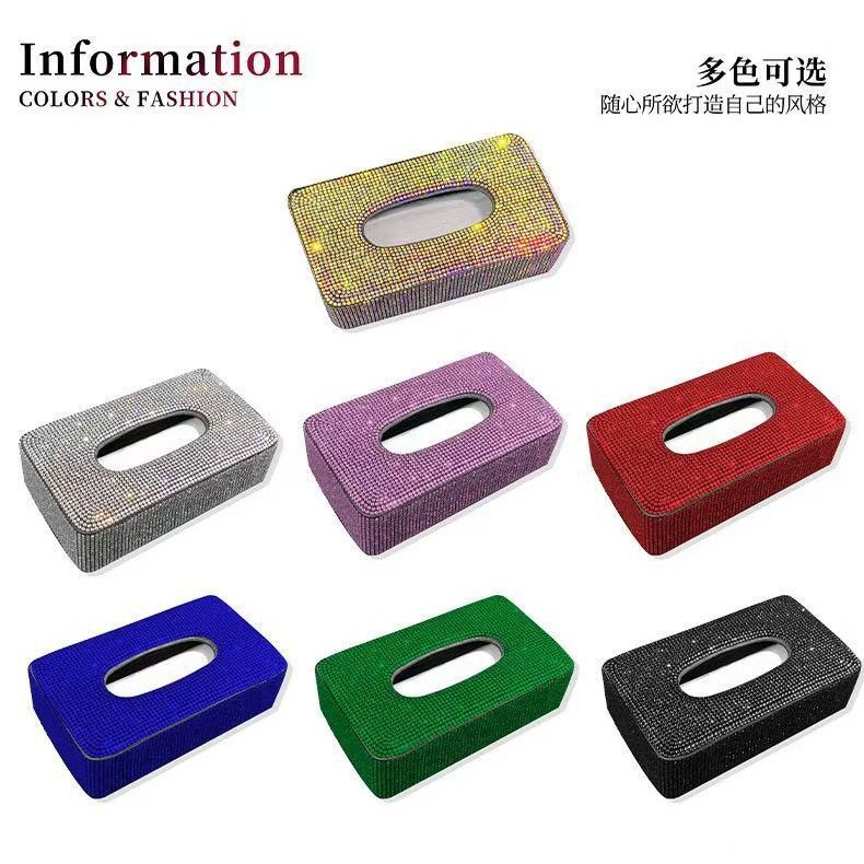 Caja de toallas de automóviles con diamantes transfronterizos, caja de toallas de automóviles colgantes universales, cubierta de toallas de automóviles con paraguas de sol para mujeres con diamantes image 1