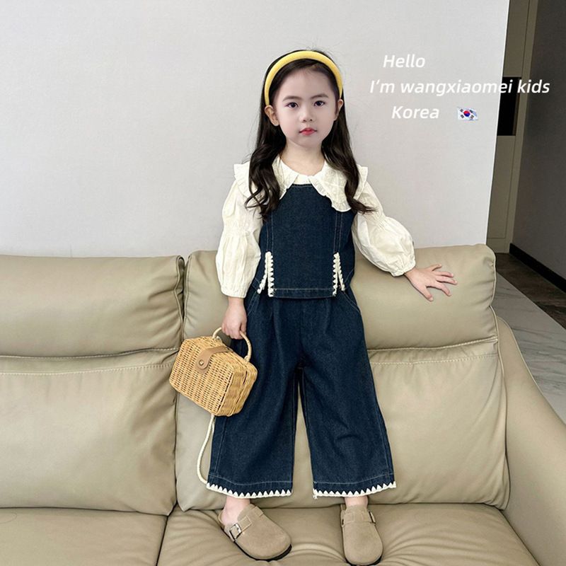 女童春秋季套装2025春装新款韩系儿童装洋气时髦衬衫牛仔马甲裤子|undefined