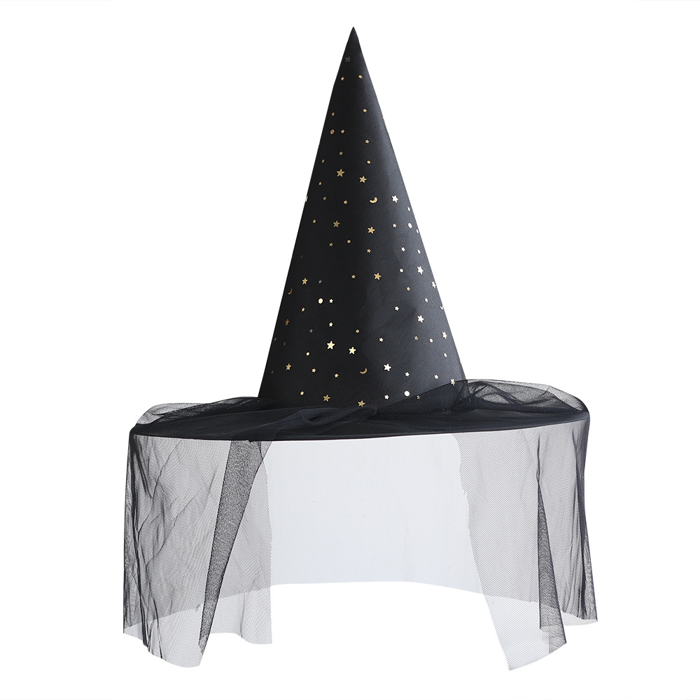 Sombrero de bruja de Halloween, velo de encaje, sombrero puntiagudo, maquillaje, accesorios de disfraces, sombreros, sombreros de malla, sombreros de brujo