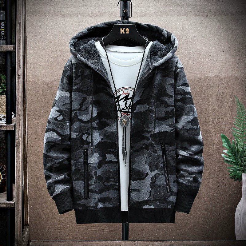 (Cross-border trading), demi-season fashionable fleece sweater, cardigan, camouflage jacket with hood, 2021 collection, plus size, slim fit