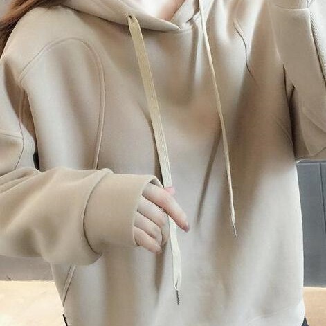 Fleece-Lined Thick Solid Color Design Hooded Sweatshirt for Women, Loose Fit, 2025 Spring and Autumn New Fashion Lazy Style Top