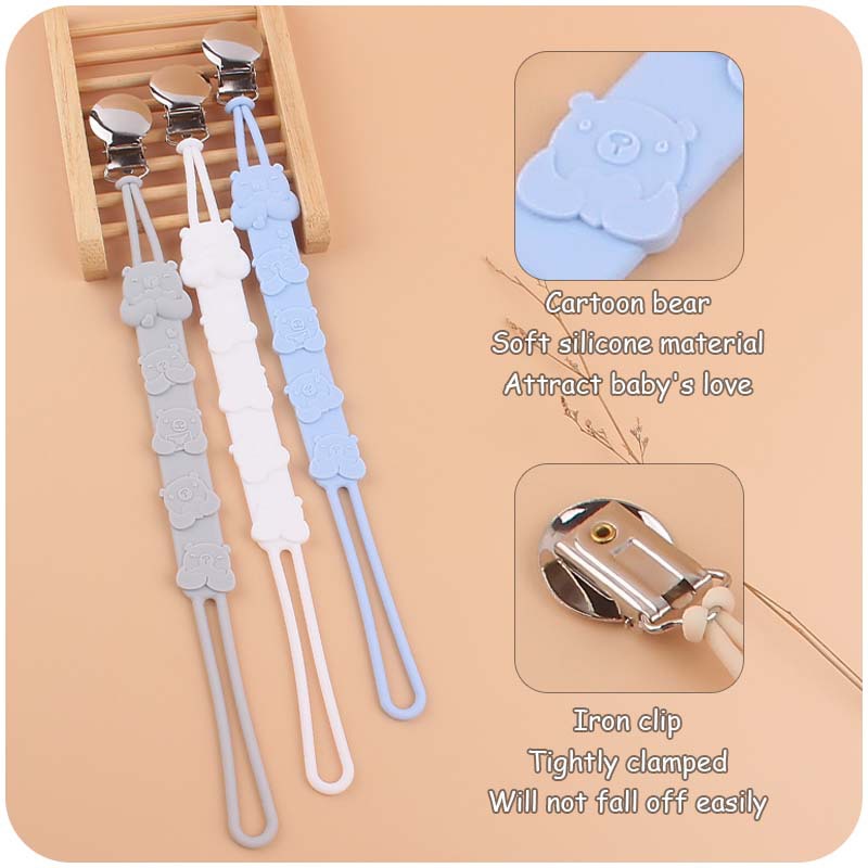 Nuevo bebé suministros ronda clip de chupete de hierro calmante bebé oso suave Cadena de chupete de silicona cadena anti-gota