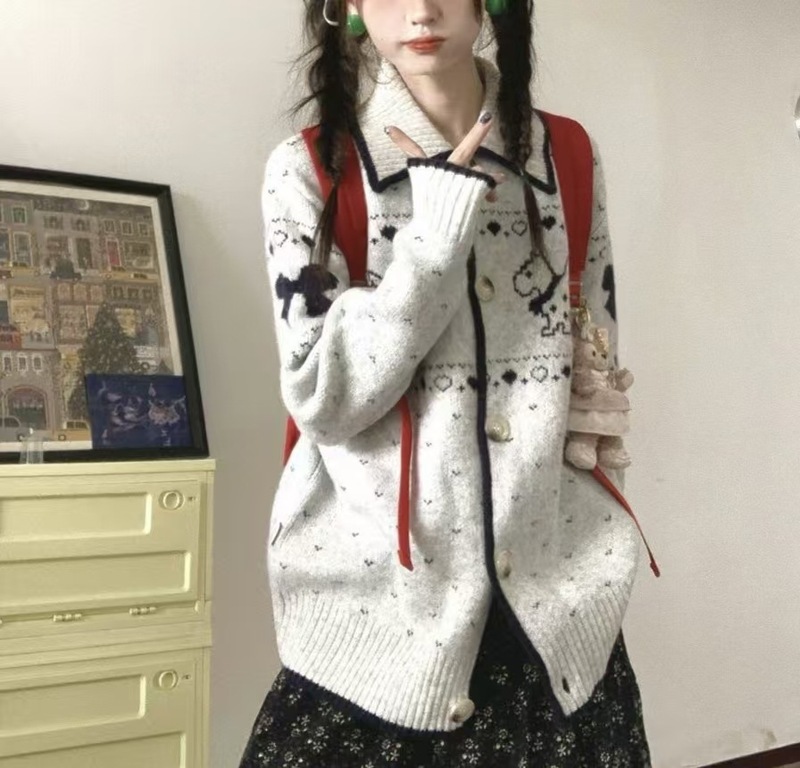 韩系氛围感费尔岛毛衣外套女2025秋季小狗提花针织开衫软糯上衣潮|undefined