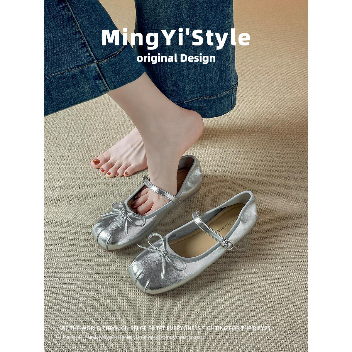 Bowknot Flats for Women, Flat Shallow Mary Jane Shoes with Soft Soles, Ballet Shoes with Comfortable Metal Elements
