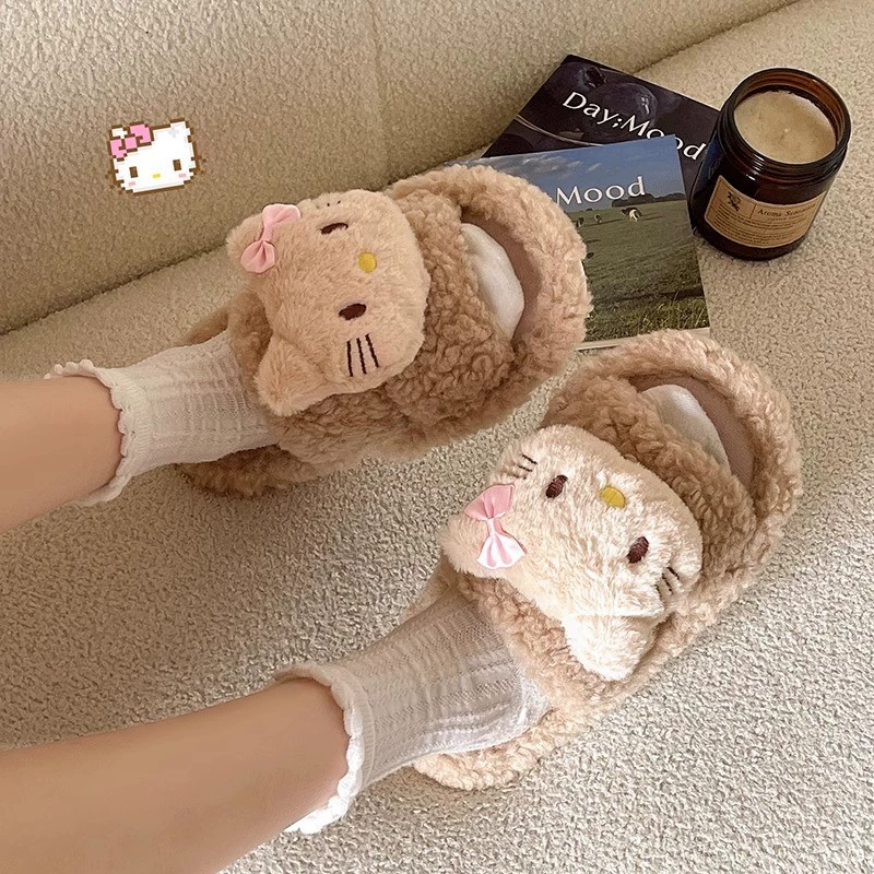 Мультяшные плоские нескользящие меховые тапочки для верхней одежды, осень-зима 2024, новый стиль, милые однотонные меховые студенческие хлопковые тапочки, тренд