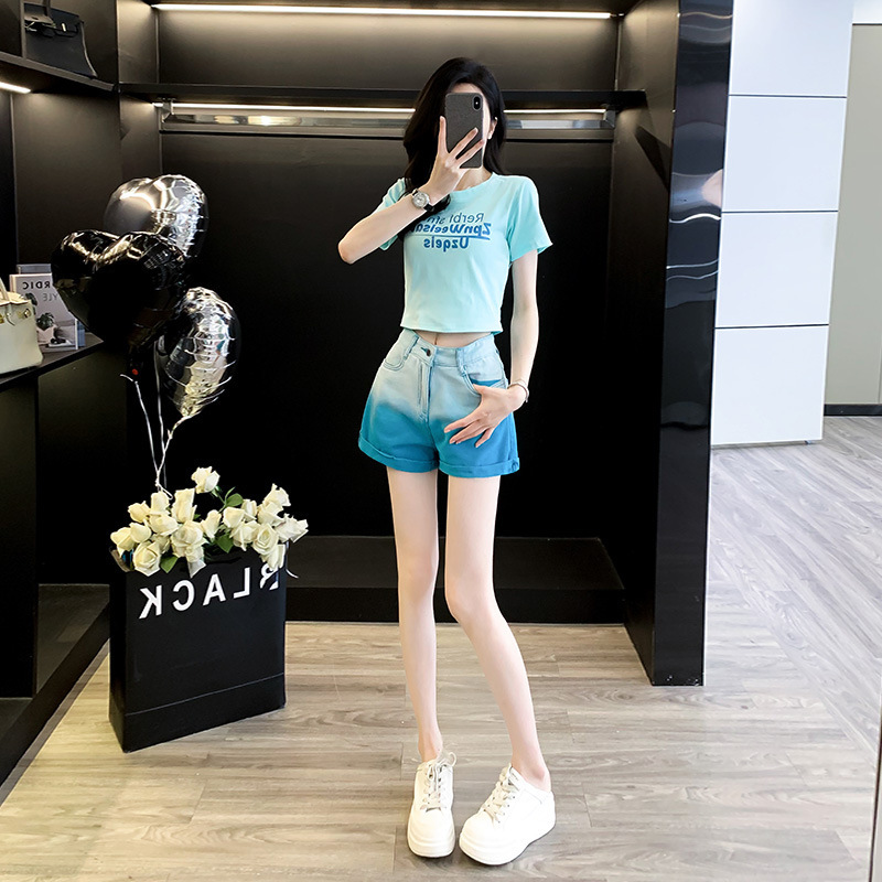 Casual suit Women's Two-Piece Fashionable Short-Sleeved Western Style Slimming Summer Denim Korean Style Slim-Fit Age-Reducing