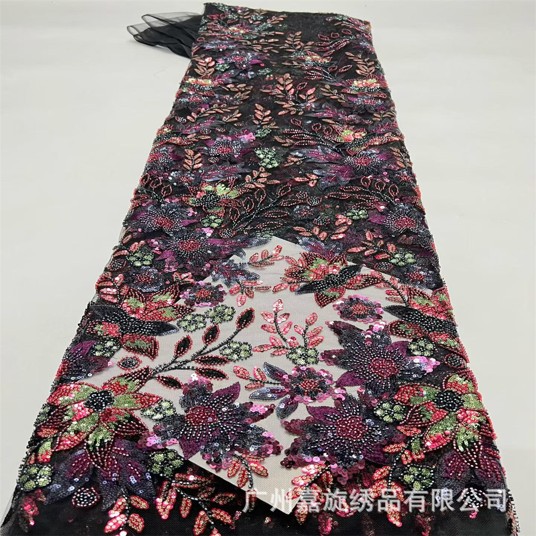 Encaje 3D con flores bordadas en relieve, cuentas, lentejuelas de encaje, vestido, vestido de novia, tela para ropa de espectáculo.