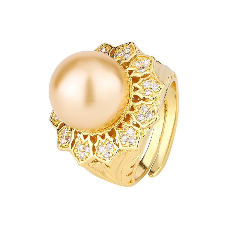 2024 nuevo estilo Zhuang Shengsheng joyería cobre chapado en oro blanco redondo anillo de perlas en forma de flor para mujer 14mm al por mayor
