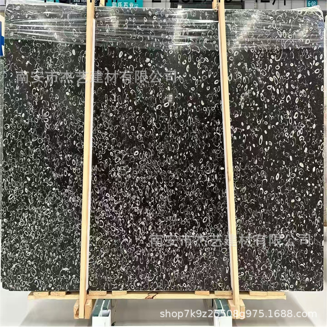 黑色天然化石灰大理石板浴室墙面洗手柜台别墅楼台踏步定制海贝花