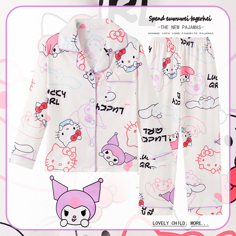 Pijamas para niños del sudeste asiático para niños de primavera y otoño para niñas de manga larga y solapa fina de dibujos animados LABUBU traje de otoño para niños grandes image 29