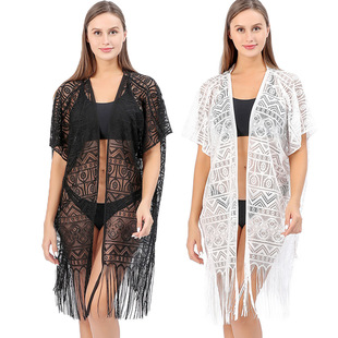 European and American Geometric Tassel Cardigan Embroidered Sunscreen Cross-border Black Lace Beach Clothes Bikini Long Blouse