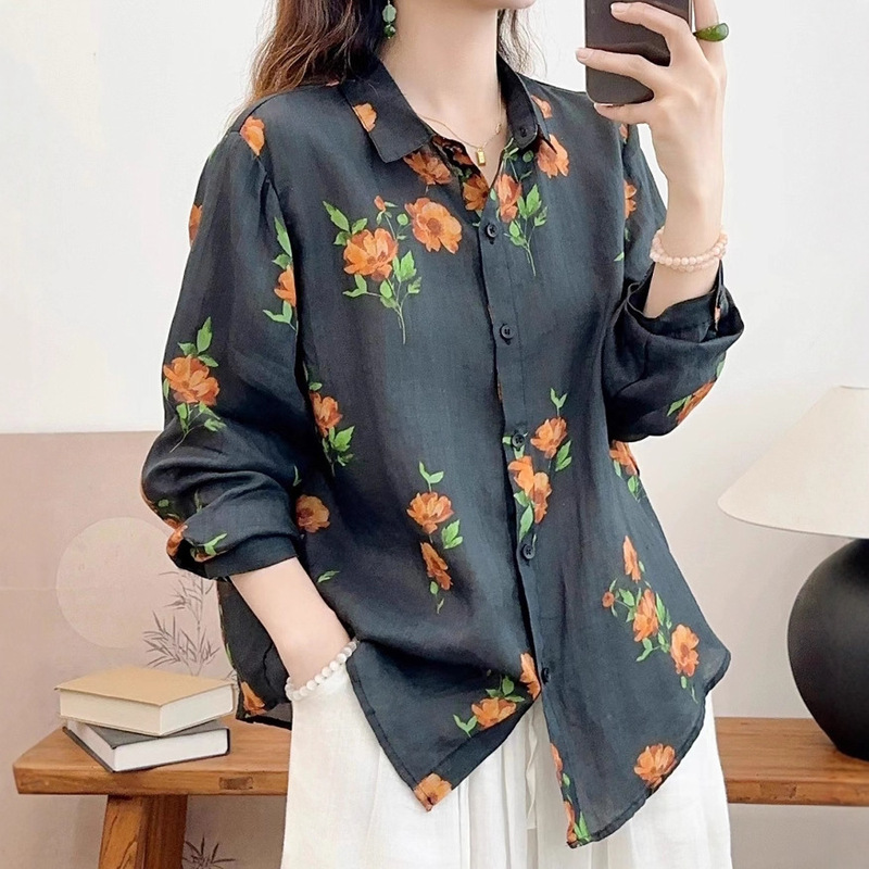 Ramie Shirt for Women, Spring and Autumn, Loose Fit, Plus Size, Artistic Style, Turn-Down Collar, Digital Print, Long Sleeve Ramie Blouse for Women Ramie Shirt for Women, Spring and Autumn, Loose Fit, Plus Size, Artistic Style, Turn-Down Collar, Digital Print, Long Sleeve Ramie Blouse for Women