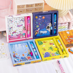 Cartoon astronaut Journal book six-color pen gift box suit student gift stationery suit diary book with lock wholesale