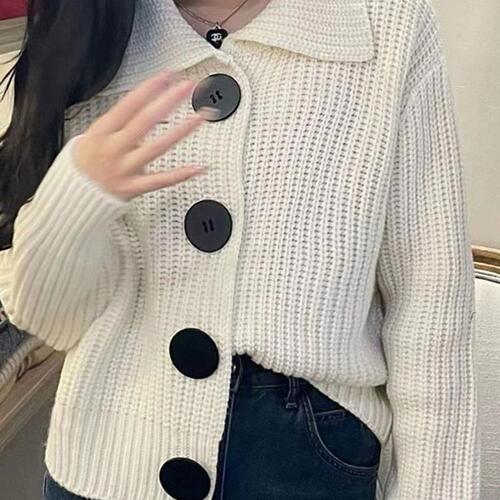 Pumpkin Orange Collar Knitted Cardigan Sweater Coat for Women Autumn/Winter French Retro Style Loose European Style Coat