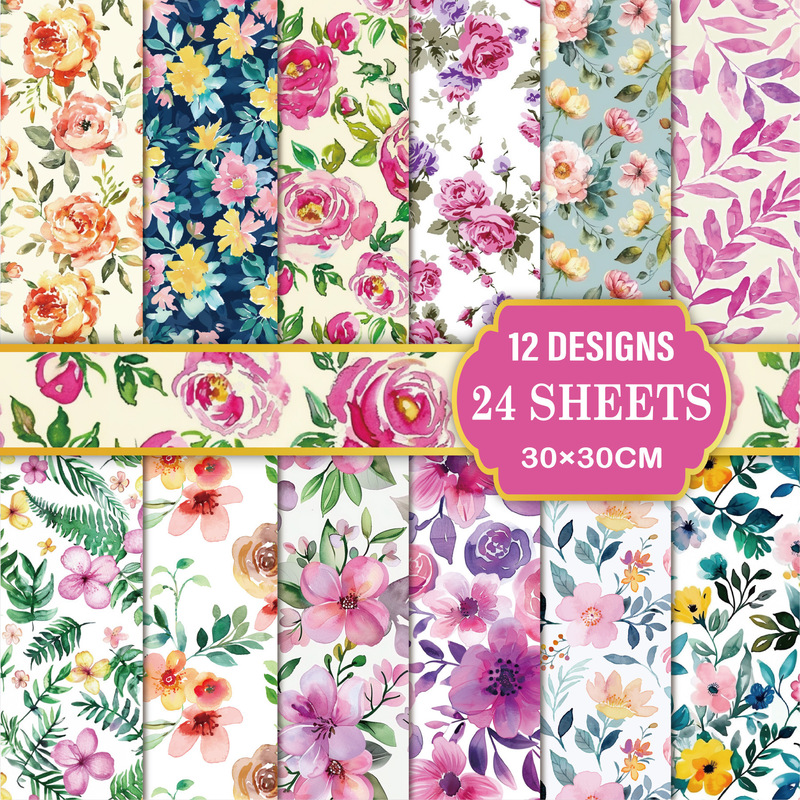 New Floral Background Paper 24 Sheets Watercolor Handmade Scrapbook Journal Material Paper 30X30Cm Large Size Material Paper