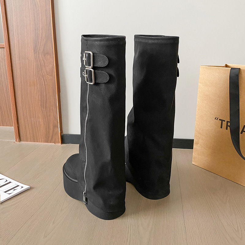 2024年秋の長靴の女性の小さいズボンのズボンの絨里の騎士の靴の厚い底は高くて太っています。