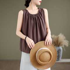Photographed 2024 New Summer Pleated Bouquet Backless Top Solid Color Loose Sleeveless Literary Top