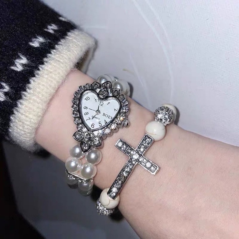 Pearl Love Watch Bracelet Women's y2k Diamond Cross Elastic Bracelet Jewelry