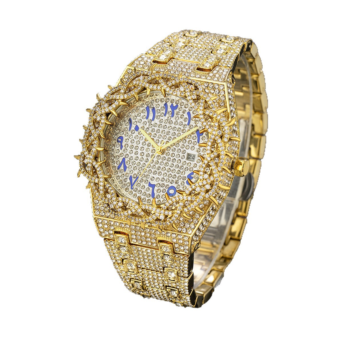 Sunflower-Shaped Full Diamond Quartz Watch, Blue Arabic Numeral Dial With Date Window, Hip Hop Unisex Steel Band Wristwatch_voghion.com