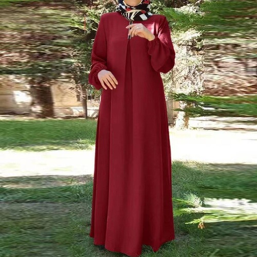 Muslim women's dress, Arabic solid color, ribbon, bubble sleeve, loose round neck, one-piece dress