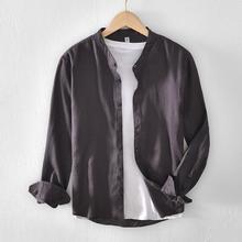 L942 小清新立领长袖衬衫男  纯色亚麻透气衬衣外套男 一件代发