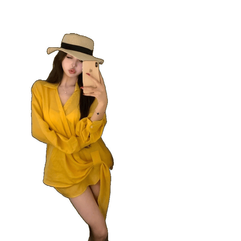 韩版气质辣妹宽松显瘦慵懒风设计感收腰系带长袖防晒衬衫女上衣|undefined