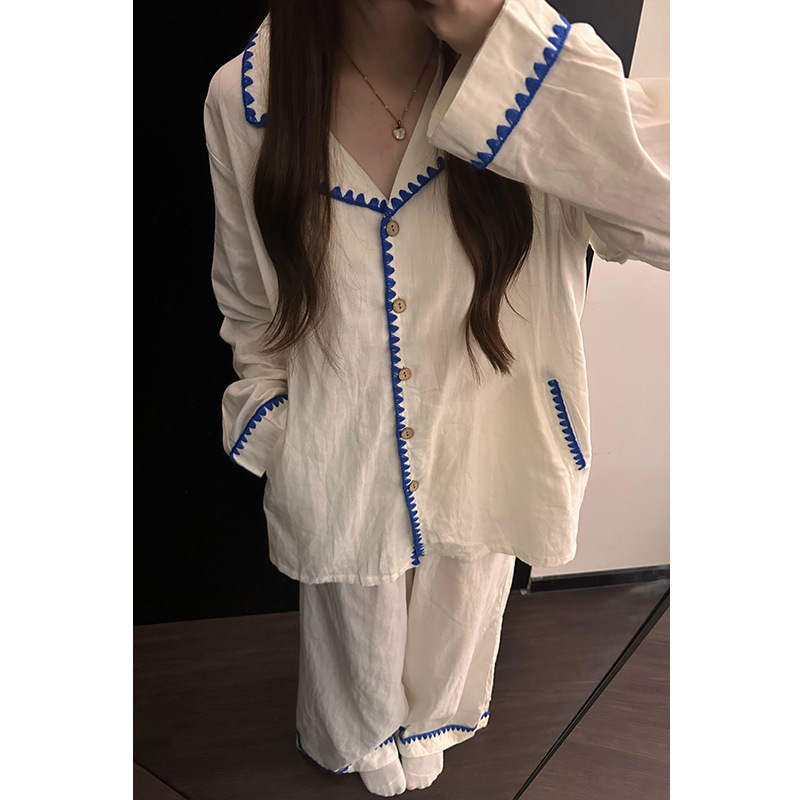 韩系撞色开衫睡衣女夏季2025新款大码温柔慵懒风家居服套装可外穿|undefined
