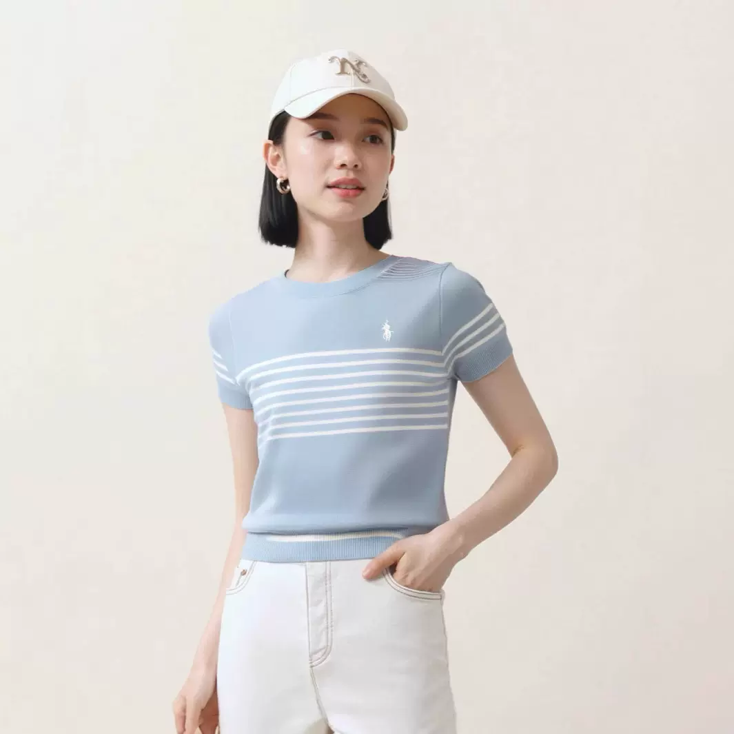 2025刺绣条纹短袖针织衫女夏复古内外百搭叠穿短袖新款马甲上衣