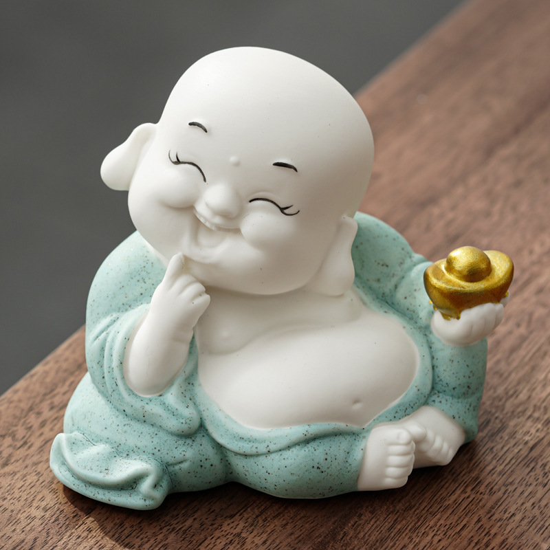 禅意弥勒佛摆件保平安新中式玄关家居摆设陶瓷招财小佛像书房装饰