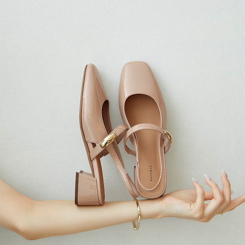 Cowhide Version~Genuine Leather French Square-Toe Backless Sandals for Women, 2026 Summer New Versatile Chunky Heel Mary Jane Shoes for Women