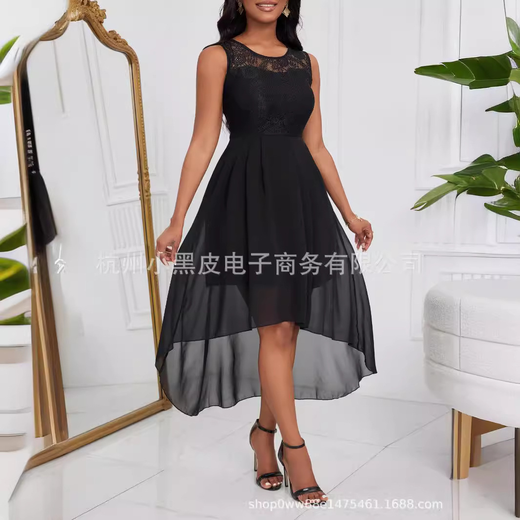solid color lace fashionable elegant dress with a round collar…
