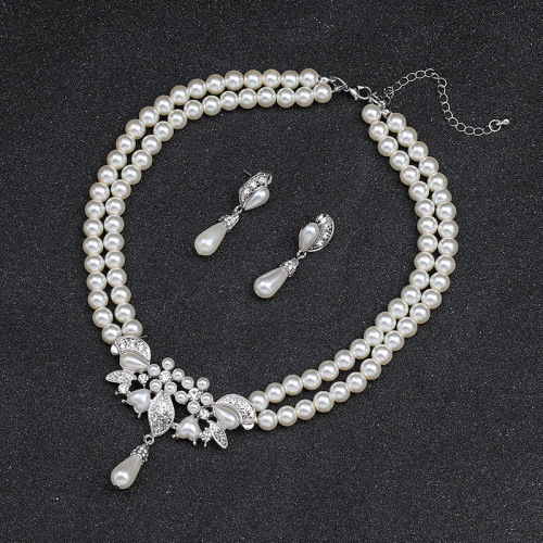 European and American jewelry wholesale, double-layered pearl necklace and earrings two-piece set, bridal dress accessories jewelry set