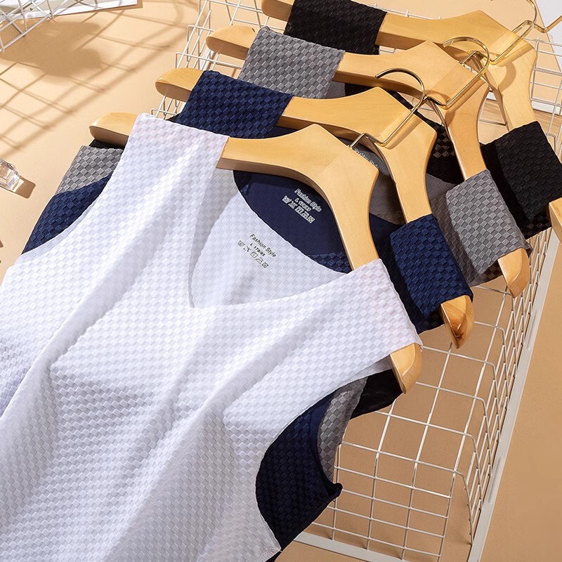 Seamless Checkered Ice Silk Vest for Men, Summer Loose Breathable Mesh T-Shirt, Sports Mesh Top, Sleeveless Base Layer